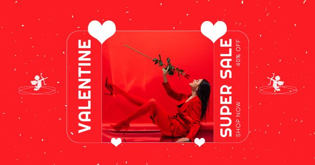 Valentine's Day Super Sale with Brunette in Red Clothes Facebook AD Design Template