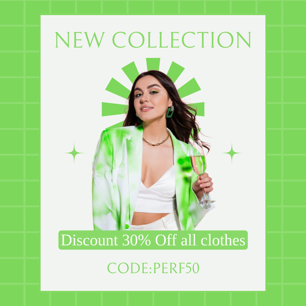 New Fashion Collection Ad with Woman in Bright Green Blazer Instagram AD Tasarım Şablonu