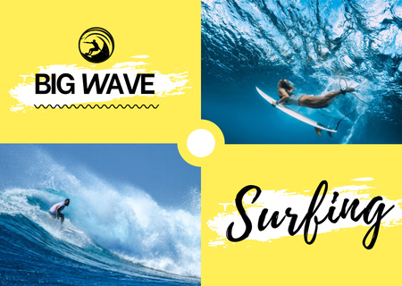 Surfing School Ad with Man on Wave Postcard Design Template