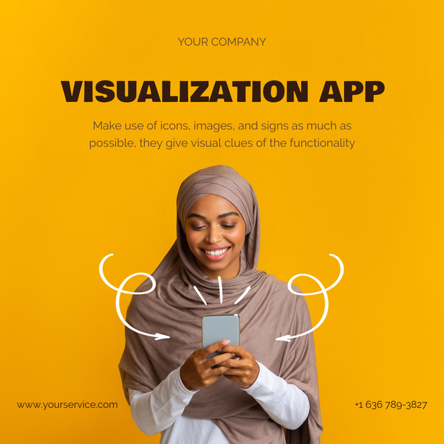 New Mobile App Announcement with Smiling Muslim Woman Instagramデザインテンプレート