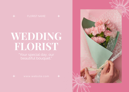 Plantilla de diseño de Anuncio de servicios de floristería para bodas con ramo de claveles Postcard 5x7in 