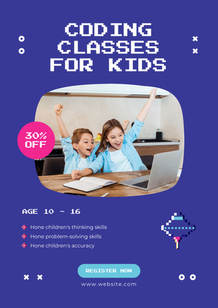 Cute Kids on Coding Classes with Laptop Poster Design Template