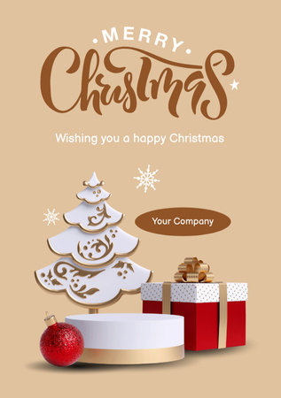Christmas Cheers with Present and Tree in Beige Postcard A5 Vertical Design Template