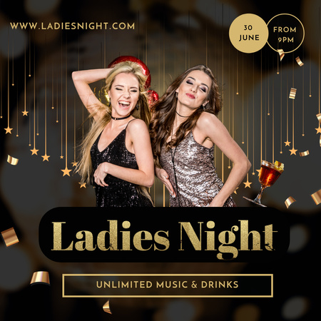 Plantilla de diseño de anuncio de la noche de las señoras con hermosas chicas en vestidos brillantes Instagram 
