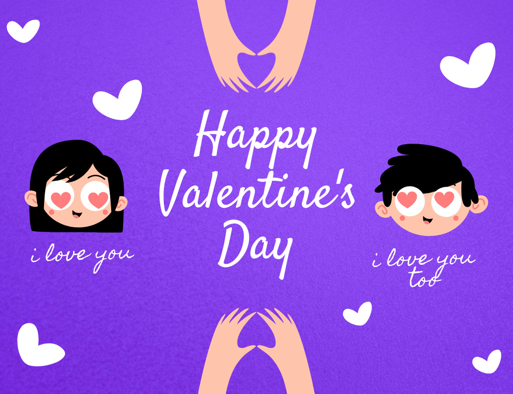 Happy Valentine's Day Greetings with Cute Boy and Girl in Purple Thank You Card 5.5x4in Horizontal Modelo de Design