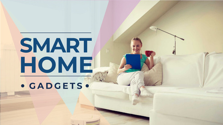 Smart Home ad with Woman pomocí vysavače Title 1680x945px Šablona návrhu