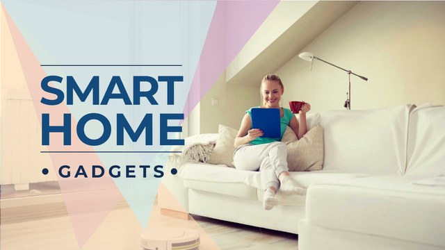 Smart Home ad with Woman using Vacuum Cleaner Title 1680x945px Design Template