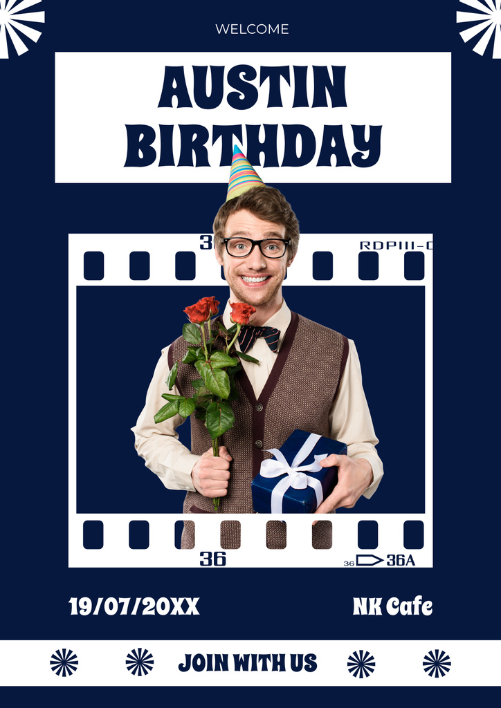 Young Man with Bouquet of Roses and Gift Poster Modelo de Design