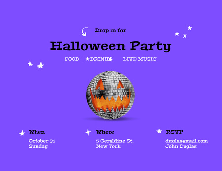 Template di design annuncio festa di halloween con zucca luminosa Invitation 13.9x10.7cm Horizontal