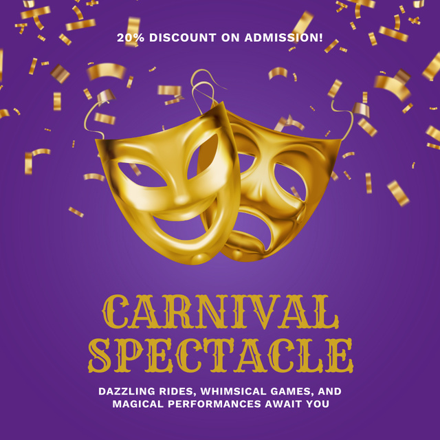 Carnival With Masks And Confetti At Reduced Price For Admission Instagram Design Template