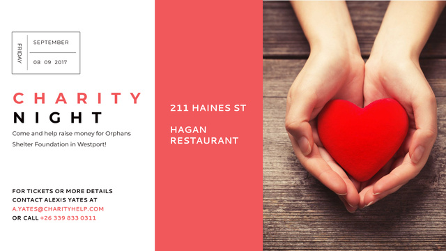 Plantilla de diseño de Charity event Hands holding Heart in Red Title 1680x945px 