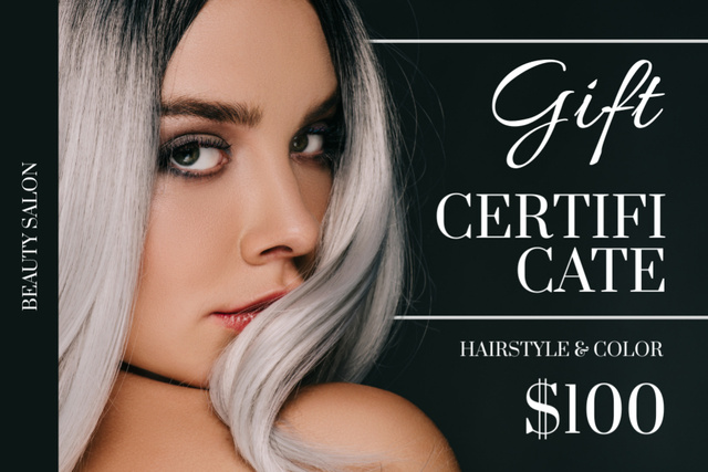 Ontwerpsjabloon van Gift Certificate van Hair Salon Offer with Stylish Woman with Grey Hair