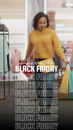 Black Friday -tarjous ja iloinen nainen laukkujen kanssa myymälässä TikTok Video Design Template