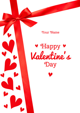Valentine's Day Greeting with Red Ribbon Bow on White Postcard A6 Vertical Design Template