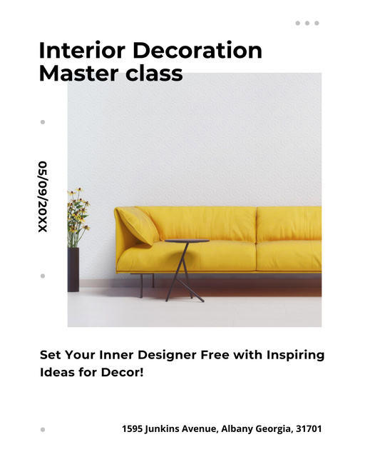 Interior Decoration Masterclass Announcement with Yellow Sofa and Flowers Poster 16x20in Šablona návrhu