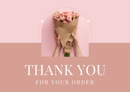 Thank You Phrase with Woman Holding Bouquet of Beautiful Roses on Pink Postcard 5x7in Design Template