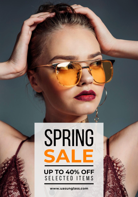 Spring Sale Announcement with Young Woman in Sunglasses Poster 28x40in Tasarım Şablonu