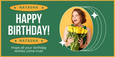 Birthday Girl with Bouquet of Yellow Tulips Twitter Design Template