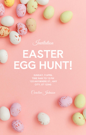 Pääsiäismunien metsästysmainos, jossa on värikkäitä munia, jotka on maalattu pastelliväreillä Invitation 4.6x7.2in Design Template