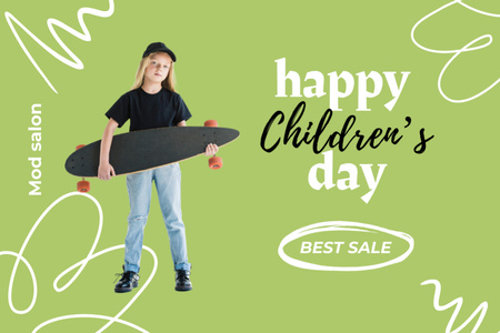 Ontwerpsjabloon van Postcard 4x6in van Little Girl with Skateboard on Children's Day
