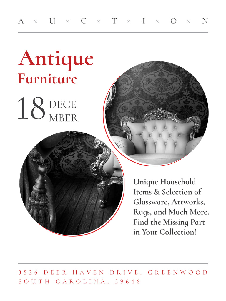 Plantilla de diseño de Antique Furniture Auction with armchair Poster US 