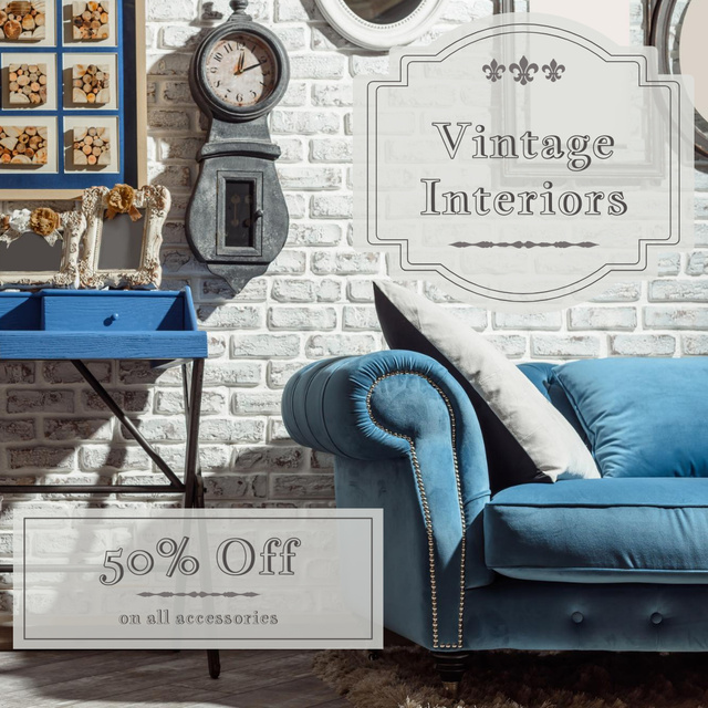 Vintage Interior Ad with Blue Sofa Instagram ADデザインテンプレート