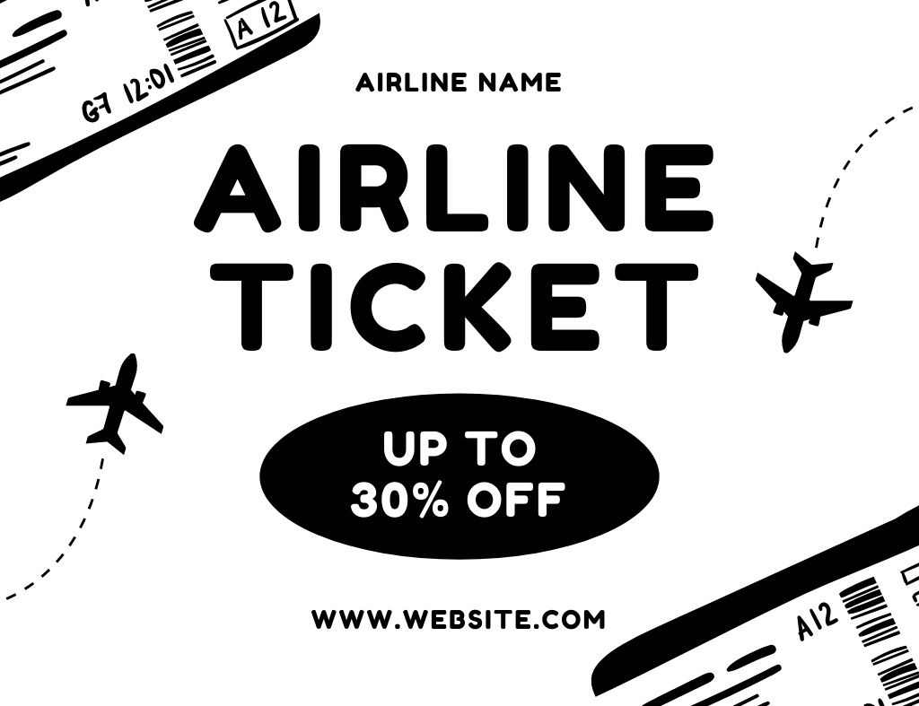 Flight Tickets Sale Ad on Black and White Layout Thank You Card 5.5x4in Horizontal – шаблон для дизайну