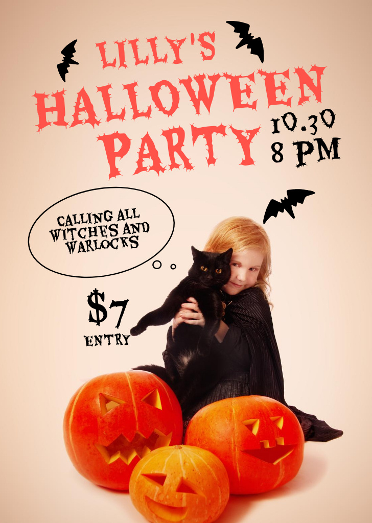 Halloween Party with Child and Cute Cat Flyer A6 Design Template
