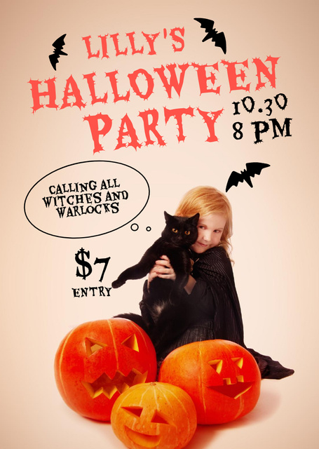 Halloween Party with Child and Cute Cat Flyer A6 Design Template
