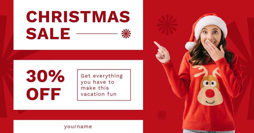Excited Woman on Christmas Sale Red Facebook AD Design Template