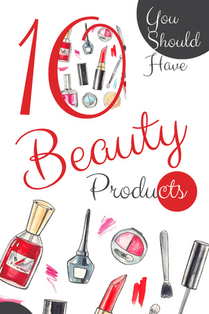Plantilla de diseño de Oferta de belleza con set de cosméticos en rojo Pinterest 