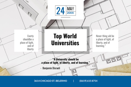 Universities Guide with Blueprints on Paper Flyer 4x6in Horizontal Πρότυπο σχεδίασης