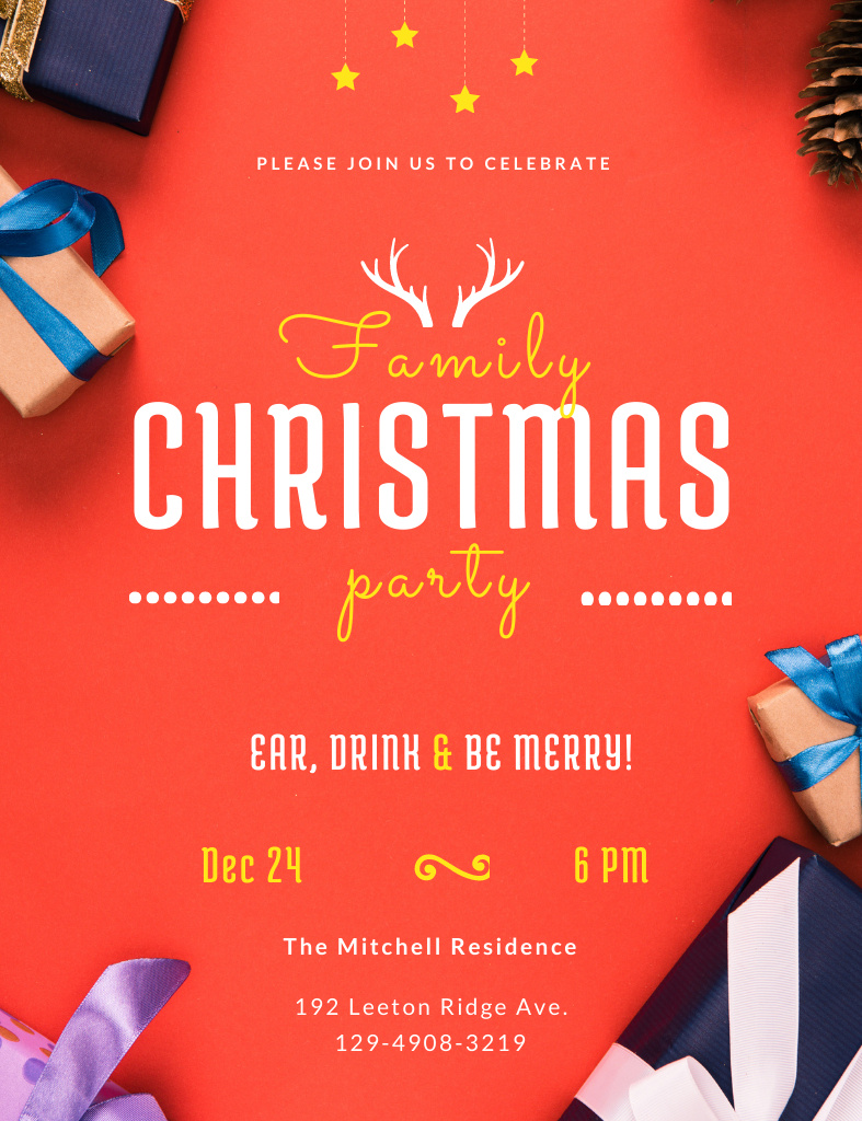 Plantilla de diseño de Christmas Family Party Alert with Gifts and Bows Invitation 13.9x10.7cm 