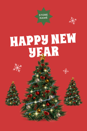 Happy New Year Greeting with Decorated Tree in Red Postcard 4x6in Vertical Design Template