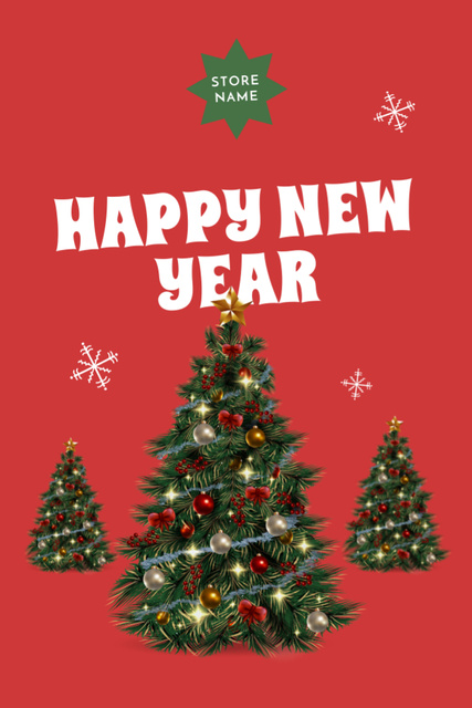 New Year Greeting with Decorated Tree in Red Postcard 4x6in Vertical Design Template