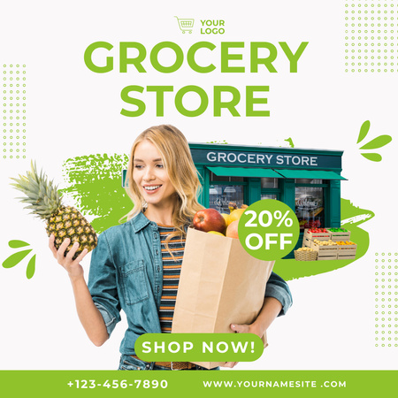 Groceries And Pineapple With Discount Instagram Design Template