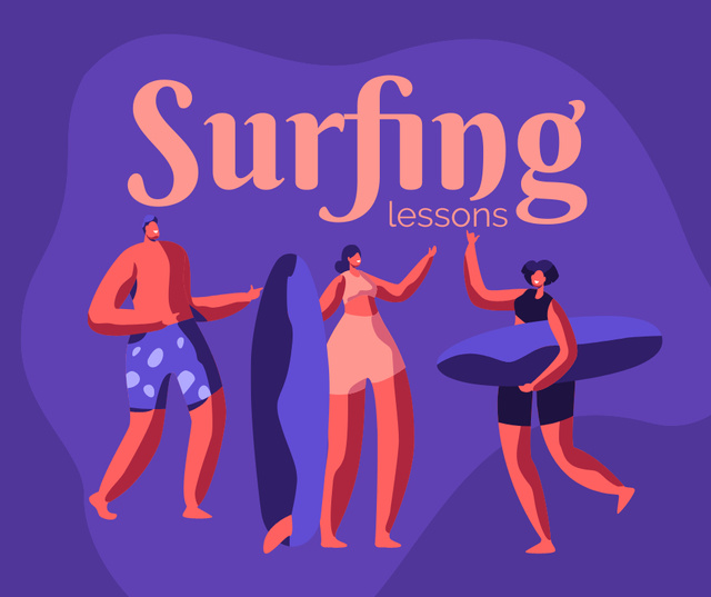 Surfing lessons cartoon illustration Facebook Design Template