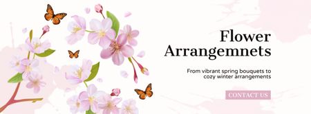 Plantilla de diseño de Oferta promocional de servicios de diseño floral con mariposas. Facebook cover 