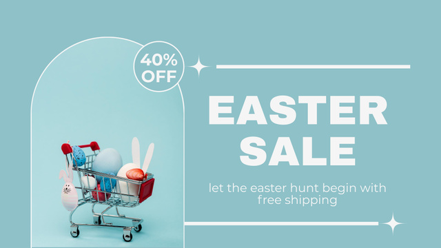Colorful Eggs and Decorative Rabbits in Shopping Cart on Easter Sale FB event cover – шаблон для дизайну