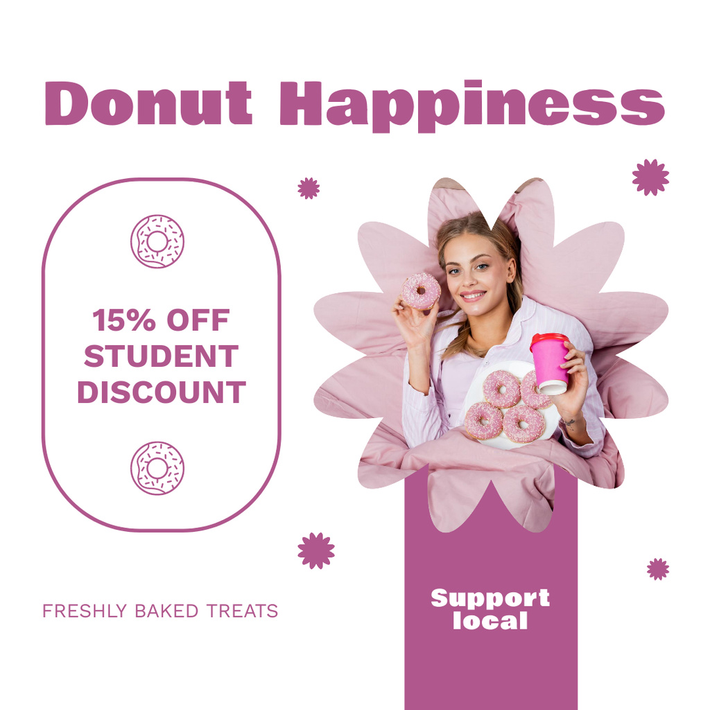 Doughnut Shop Ad with Woman with Bunch of Sweet Donuts Instagram Modelo de Design