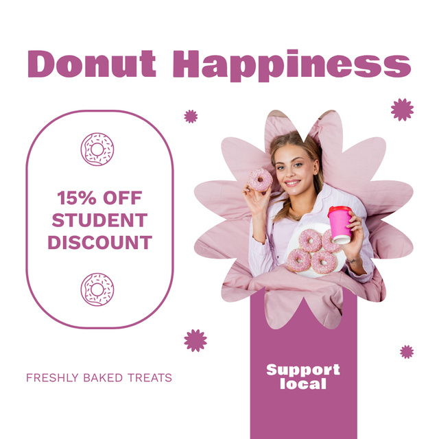 Doughnut Shop Ad with Woman with Bunch of Sweet Donuts Instagram Tasarım Şablonu