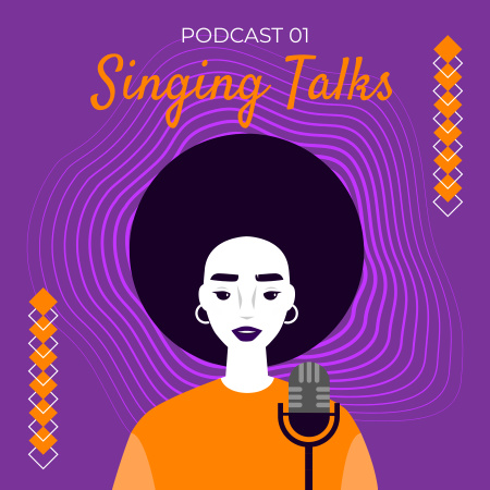 Cartoon woman with microphone on purple Podcast Cover Πρότυπο σχεδίασης