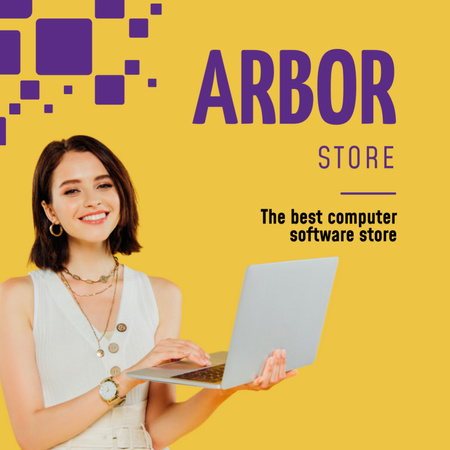Computer Software Store Ad with Young Woman Square 65x65mm Šablona návrhu