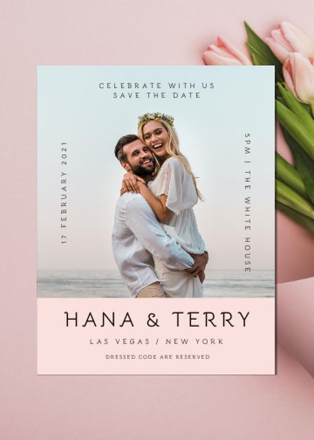 Wedding Announcement with Happy Young Couple on Pink Invitation Design Template
