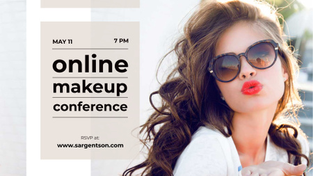 Plantilla de diseño de Anuncio de conferencia de maquillaje en línea con hermosa mujer joven FB event cover 