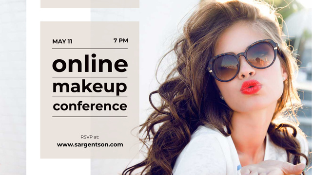 Online Makeup Conference Annoucement with Beautiful Young Woman FB event cover Modelo de Design