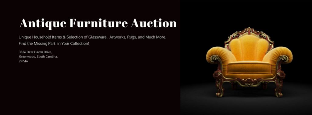 Antique Furniture Auction with Luxury Yellow Armchair Facebook cover Πρότυπο σχεδίασης