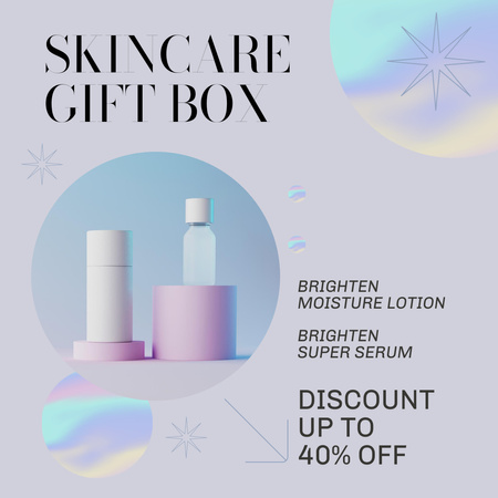 Szablon projektu pudełko na prezenty do pielęgnacji skóry z niebieskimi produktami kosmetycznymi Instagram