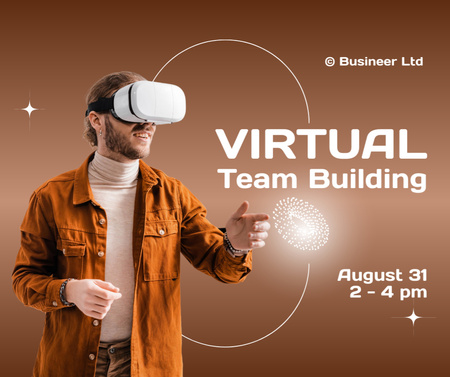 Ontwerpsjabloon van Facebook van Aankondiging van virtuele teambuilding met man met bril