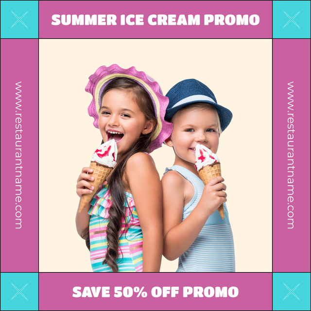 Happy Kids Enjoying Summer Ice-Cream Animated Postデザインテンプレート